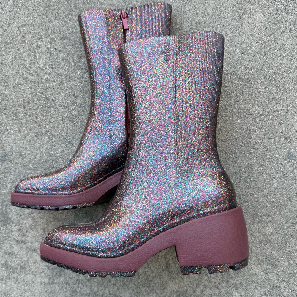 Melissa Nancy Boots Pink Glitter Chunky Rubber Rain Boots Y2K Rave Punk - Size 9 - Picture 3 of 13